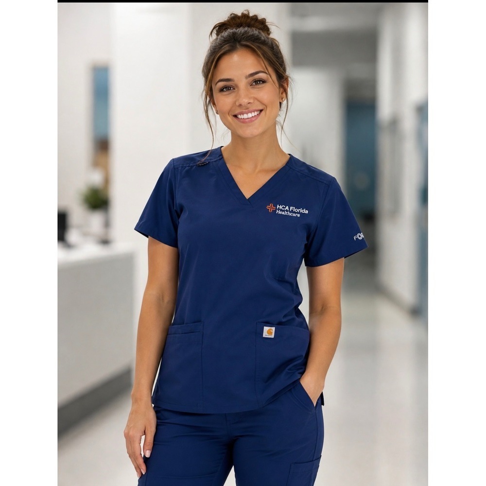 Carhartt Liberty V-Neck Scrub Top Navy Blue HCA Florida Healthcare Women S - Picture 1 of 13